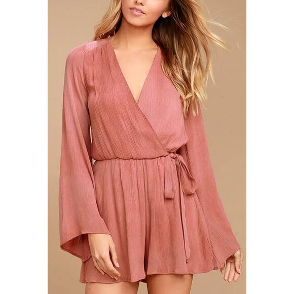PPLA Pilar Long Sleeve Romper Sz M Rusty Rose Pink VNeck Wrap Romper Bell Sleeve - Picture 1 of 10